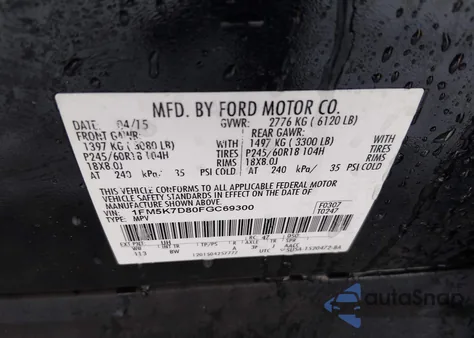 2015 Ford Explorer Xlt из США, поврежденный, VIN 1FM5K7D80FGC69300